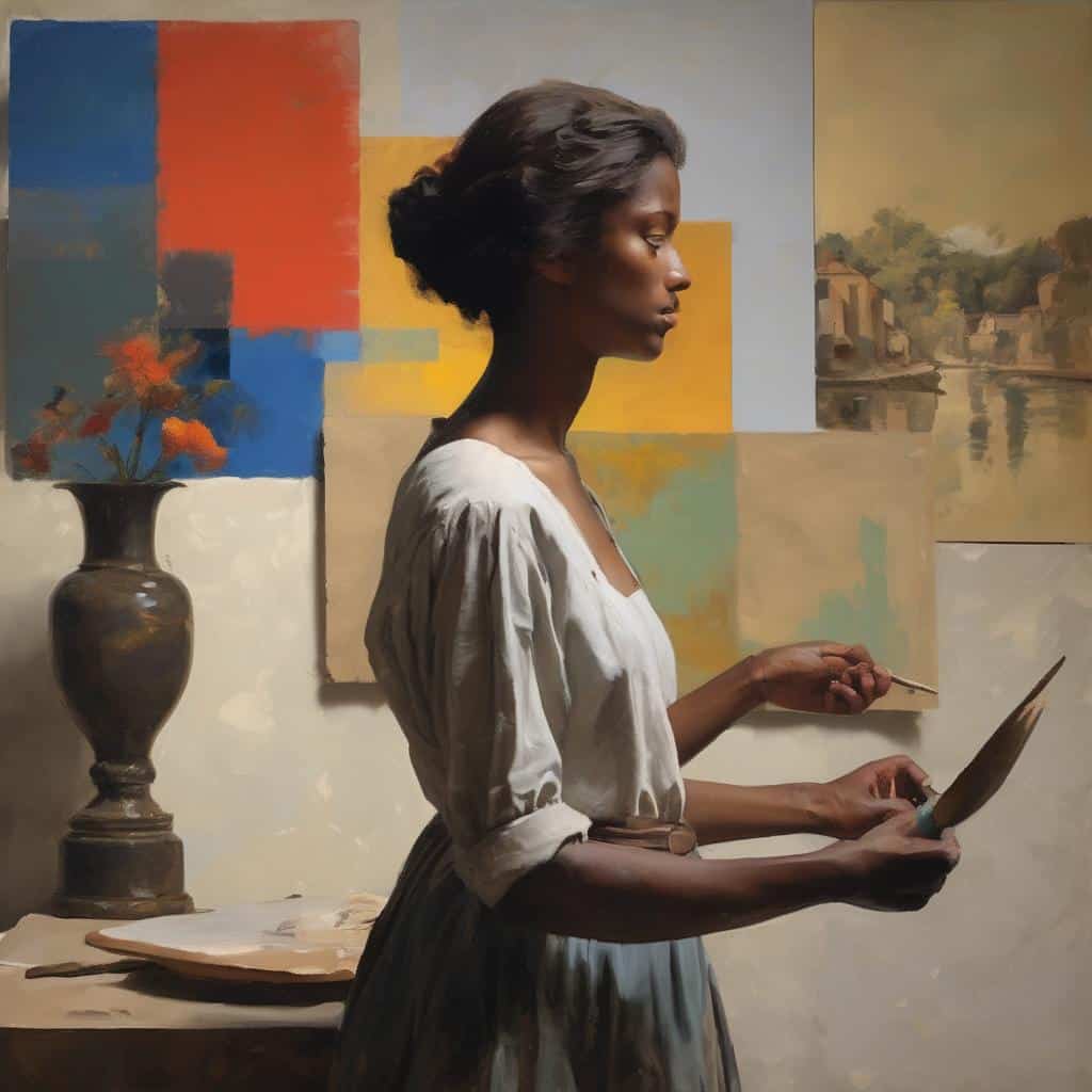 Πορτρέτο καλλιτέχνη σε γκαλερί με πίνακες ζωγραφικής και έργα τέχνης, δημιουργία και καινοτομία στην τέχνη.