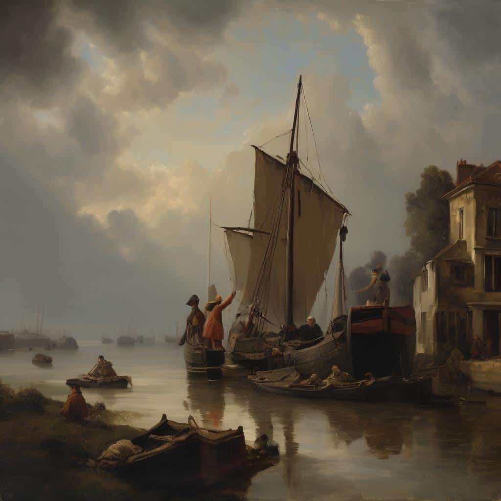 Παραδοσιακό έργο τέχνης με πλοία και ανθρώπους σε παράκτια σκηνή.