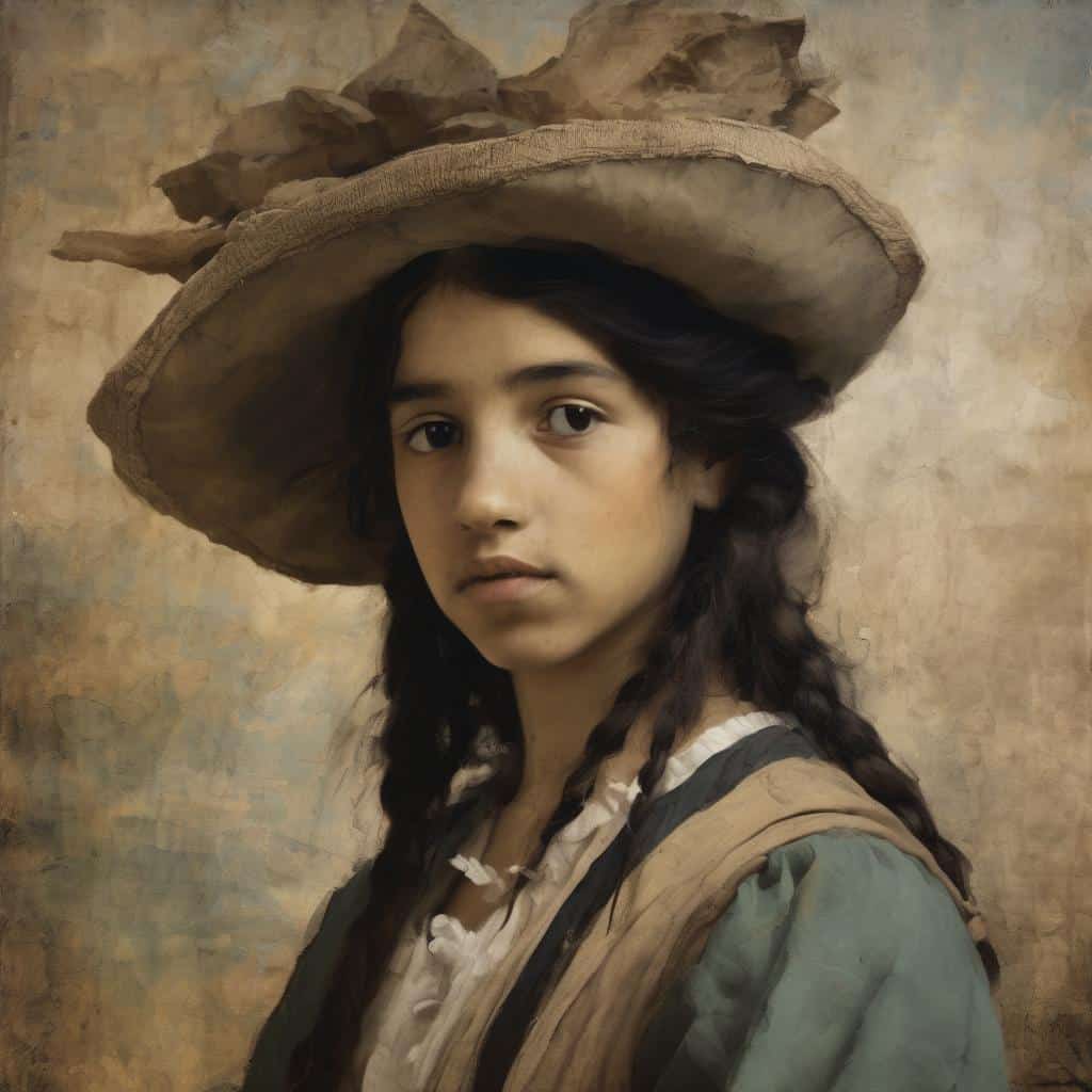 Παραδοσιακό πορτρέτο νεαρής γυναίκας με καπέλο και φυσική έκφραση, εμπνευσμένο από καλλιτεχνική καινοτομία.